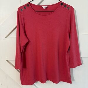 J. Jill Dusty Coral 3/4 Sleeve Jersey Top Medium Button Shoulder Accents Casual